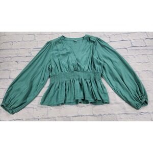 Old Navy Top WOMENS XL Green Smock Waist Blouse V Neck Long Sleeve Eyelet Trim